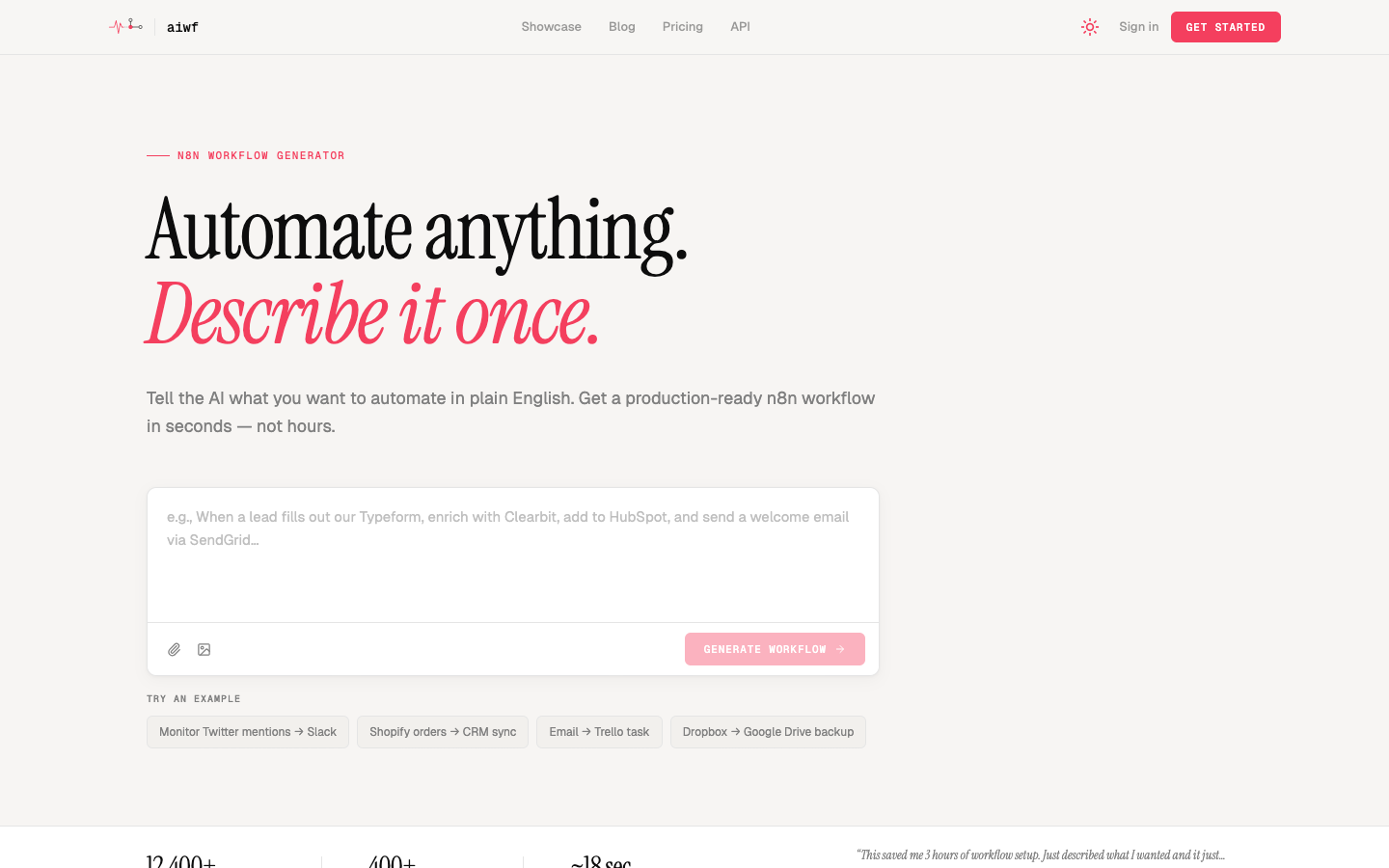 AI Workflow Generator live landing page — automate anything in seconds