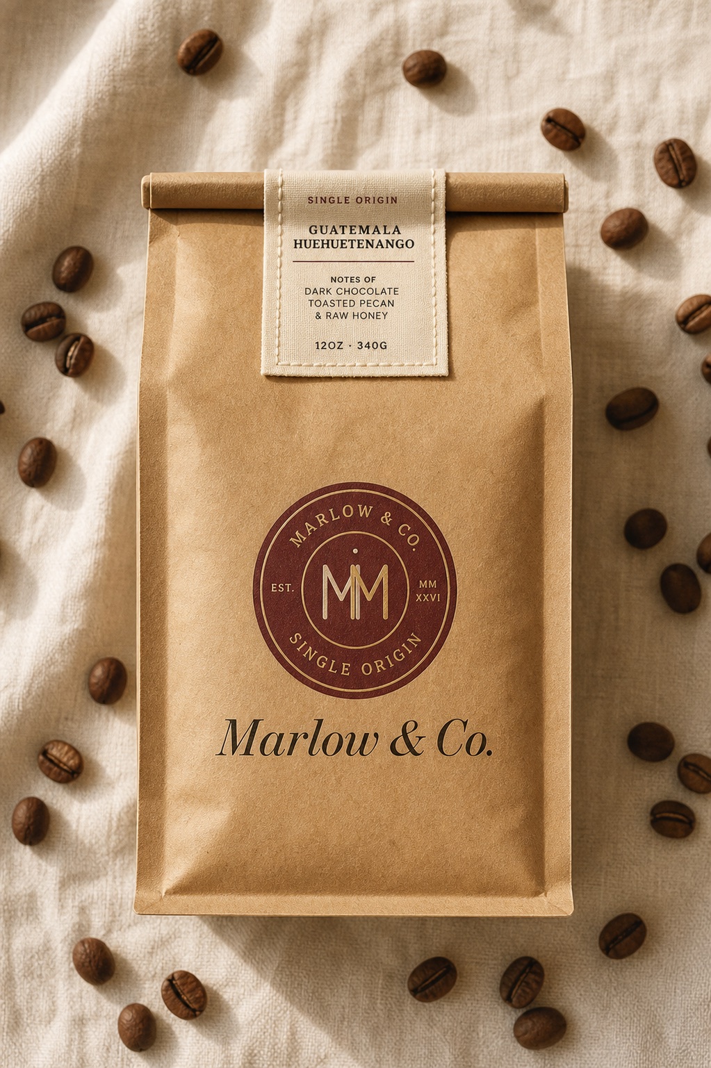 Marlow & Co. coffee bag flat-lay on cream linen