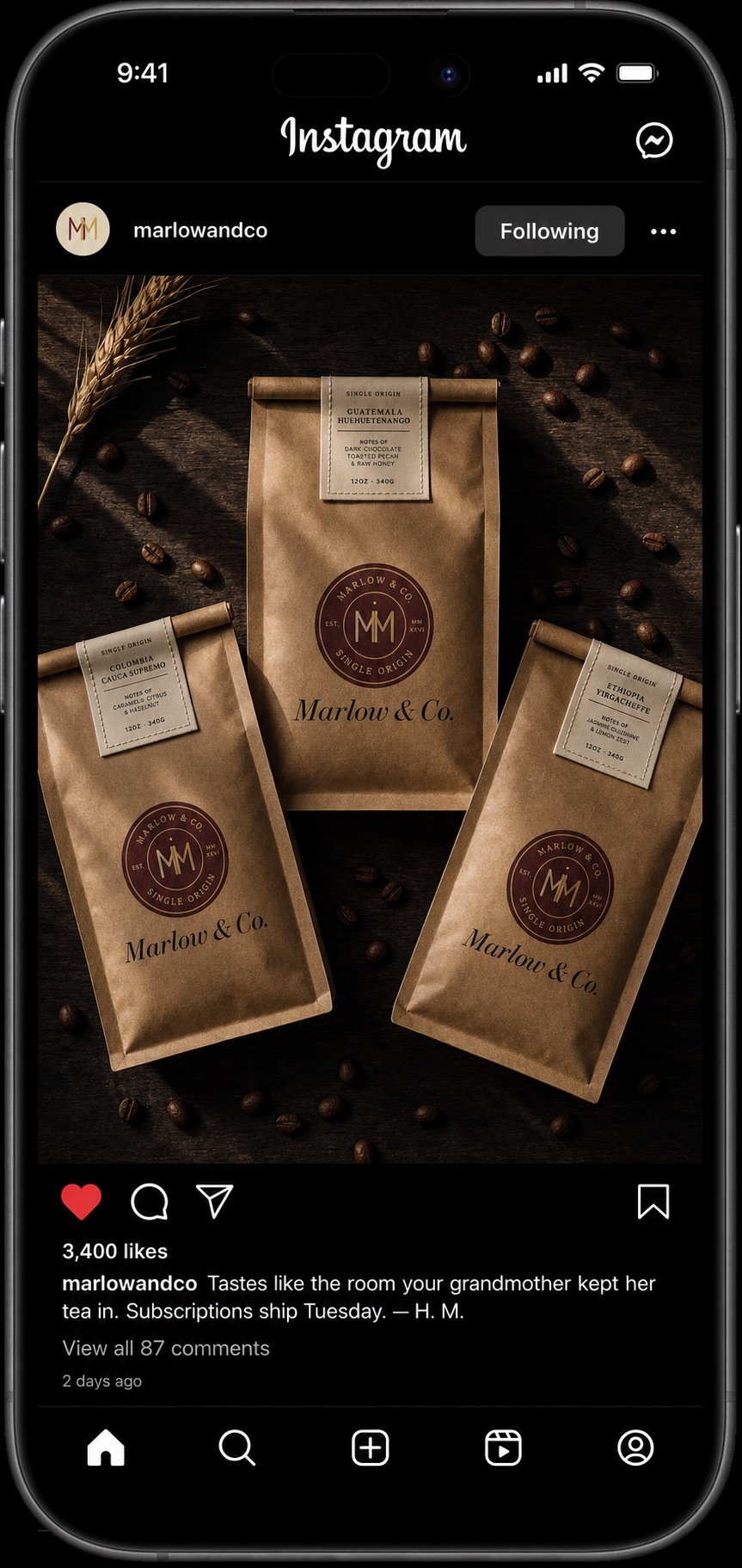 Marlow & Co. Instagram post showing three coffee bags