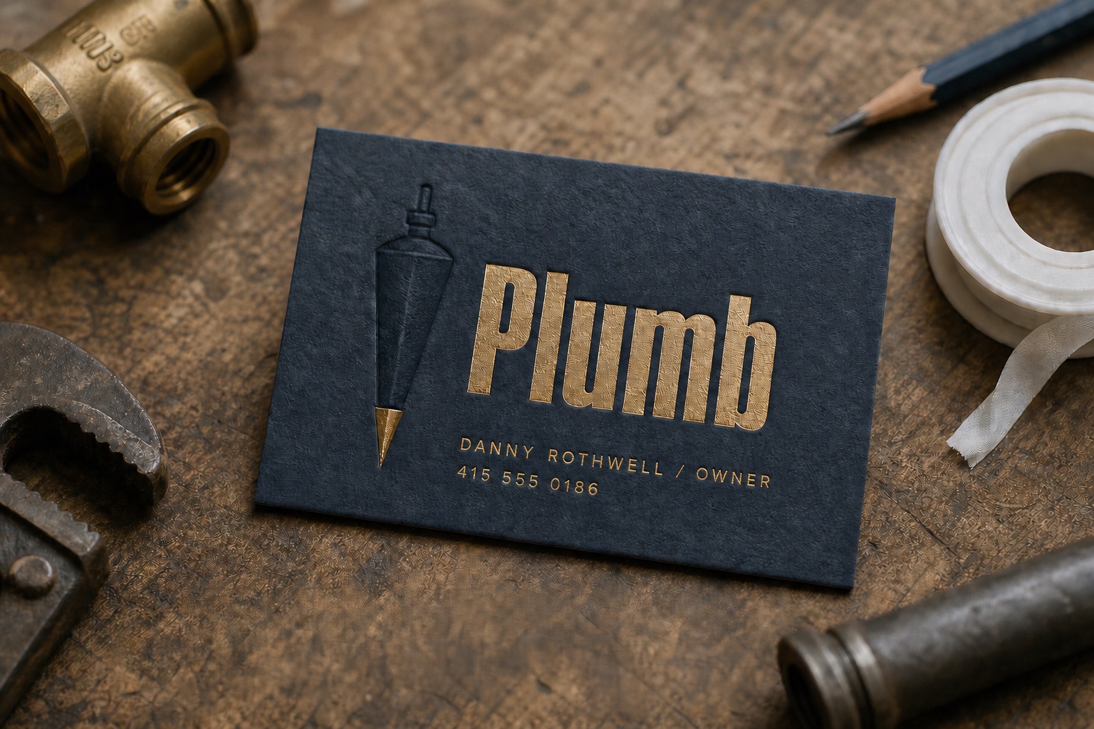 Plumb business card on workshop bench